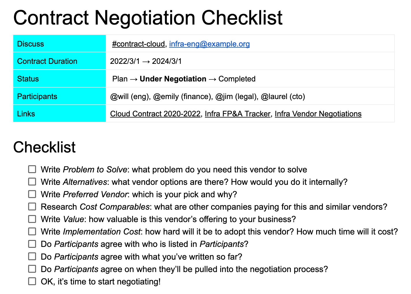 Contract Negotiation Checklist Infrastructure Engineering